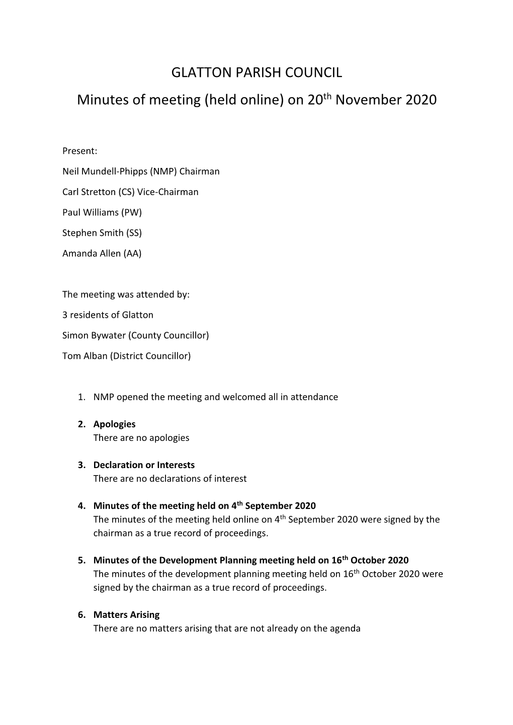 GLATTON PARISH COUNCIL Minutes of Meeting (Held Online) on 20Th November 2020