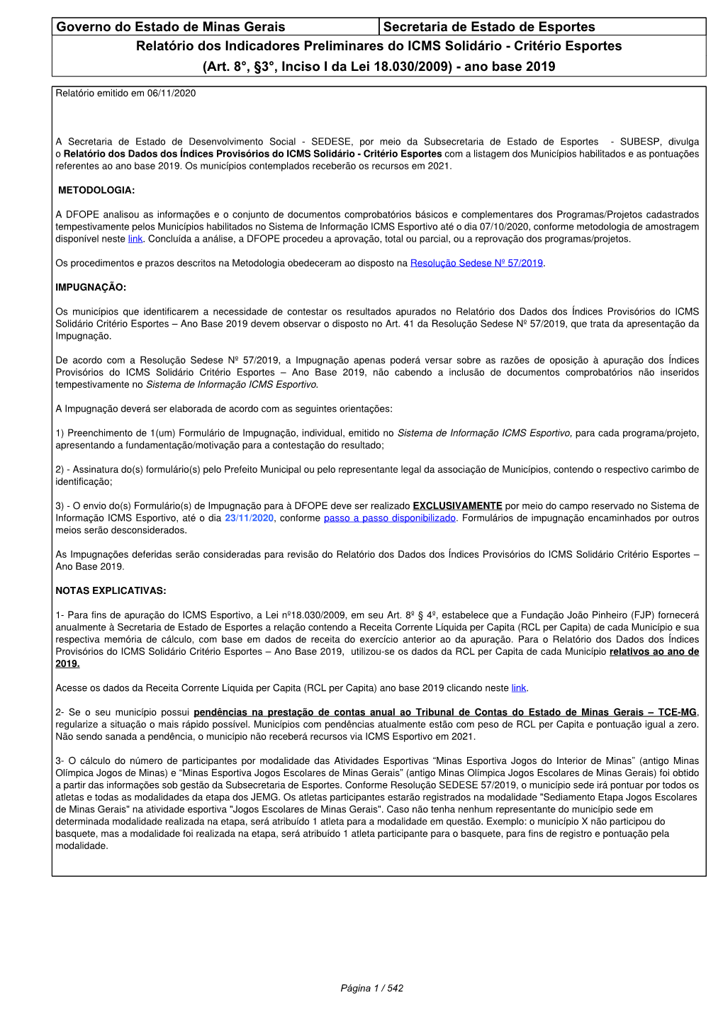 Governo Do Estado De Minas Gerais Secretaria De Estado De Esportes Relatório Dos Indicadores Preliminares Do ICMS Solidário - Critério Esportes (Art