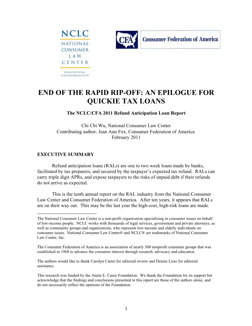 The NCLC/CFA 2011 Refund Anticipation Loan Report