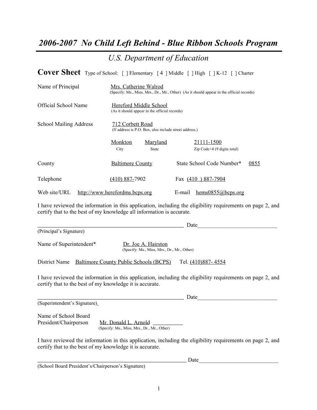 Application: 2006-2007, No Child Left Behind - Blue Ribbon Schools Program (MS Word) s6