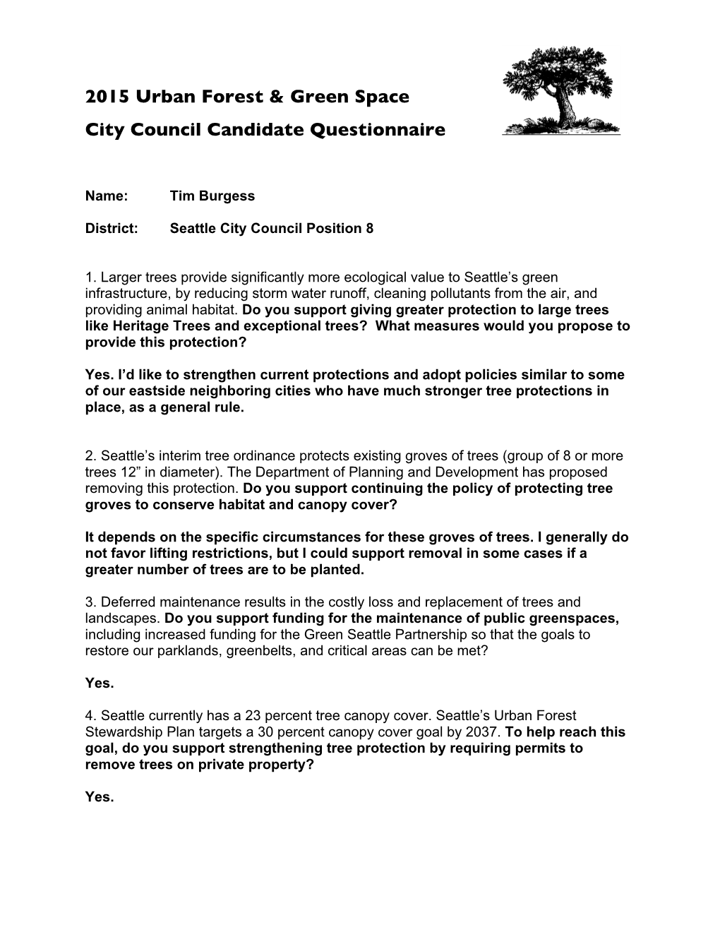 2015 Urban Forest & Green Space City Council Candidate Questionnaire