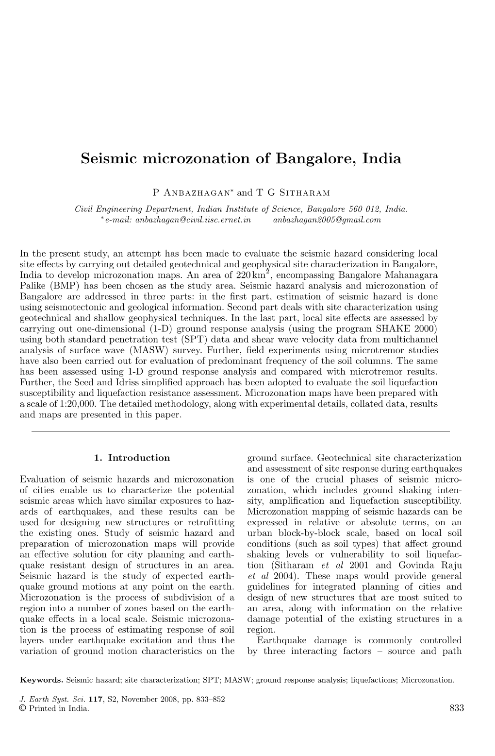 Seismic Microzonation of Bangalore, India