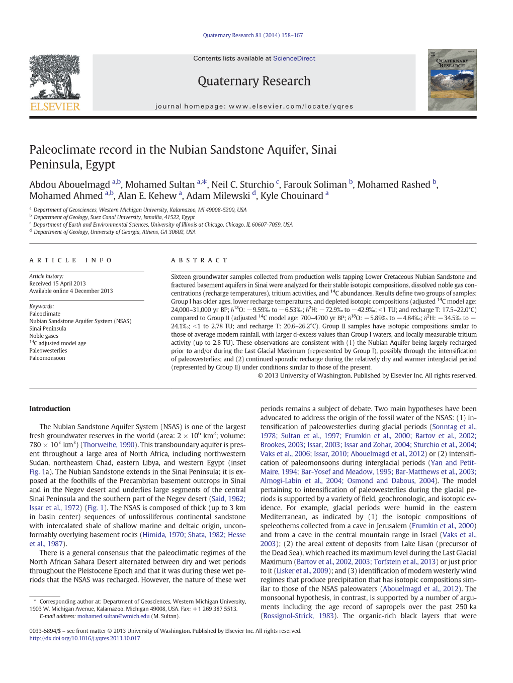 Paleoclimate Record in the Nubian Sandstone Aquifer, Sinai Peninsula, Egypt