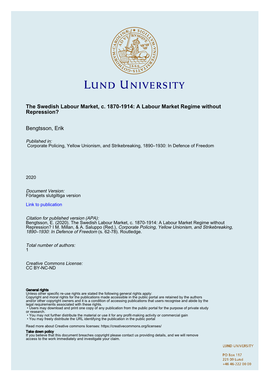 Corporate Policing, Yellow Unionism, and Strikebreaking, 1890–1930; In