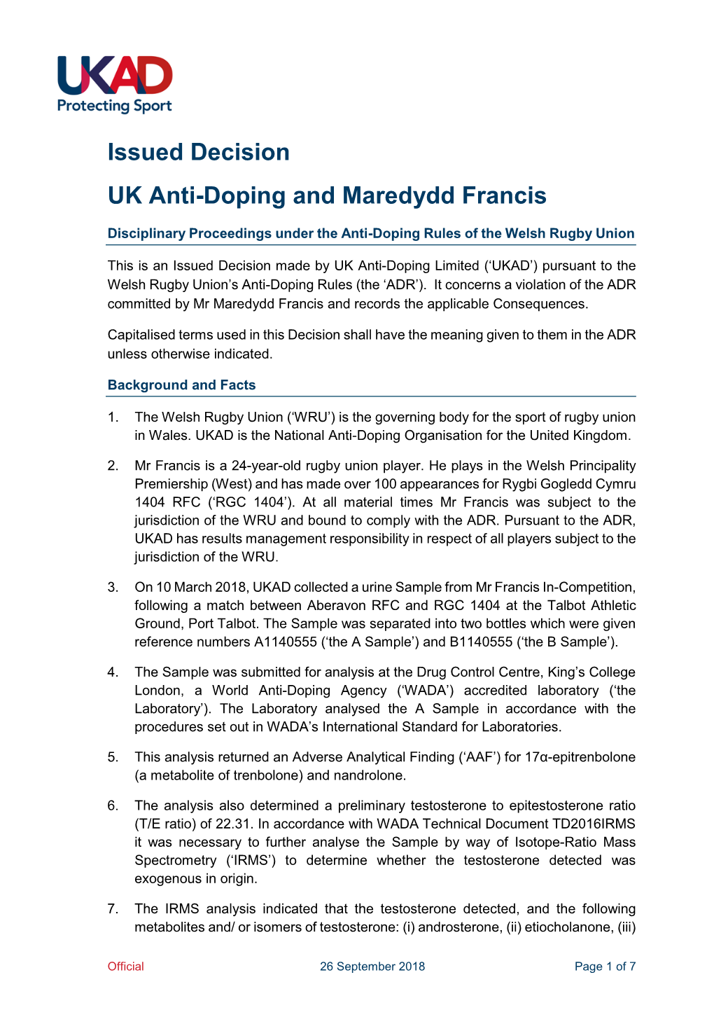 PDF UKAD Vs Maredydd Francis