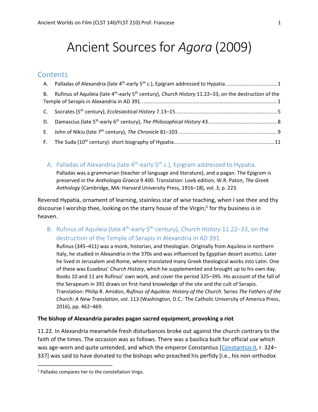 Ancient Sources for Agora (2009)