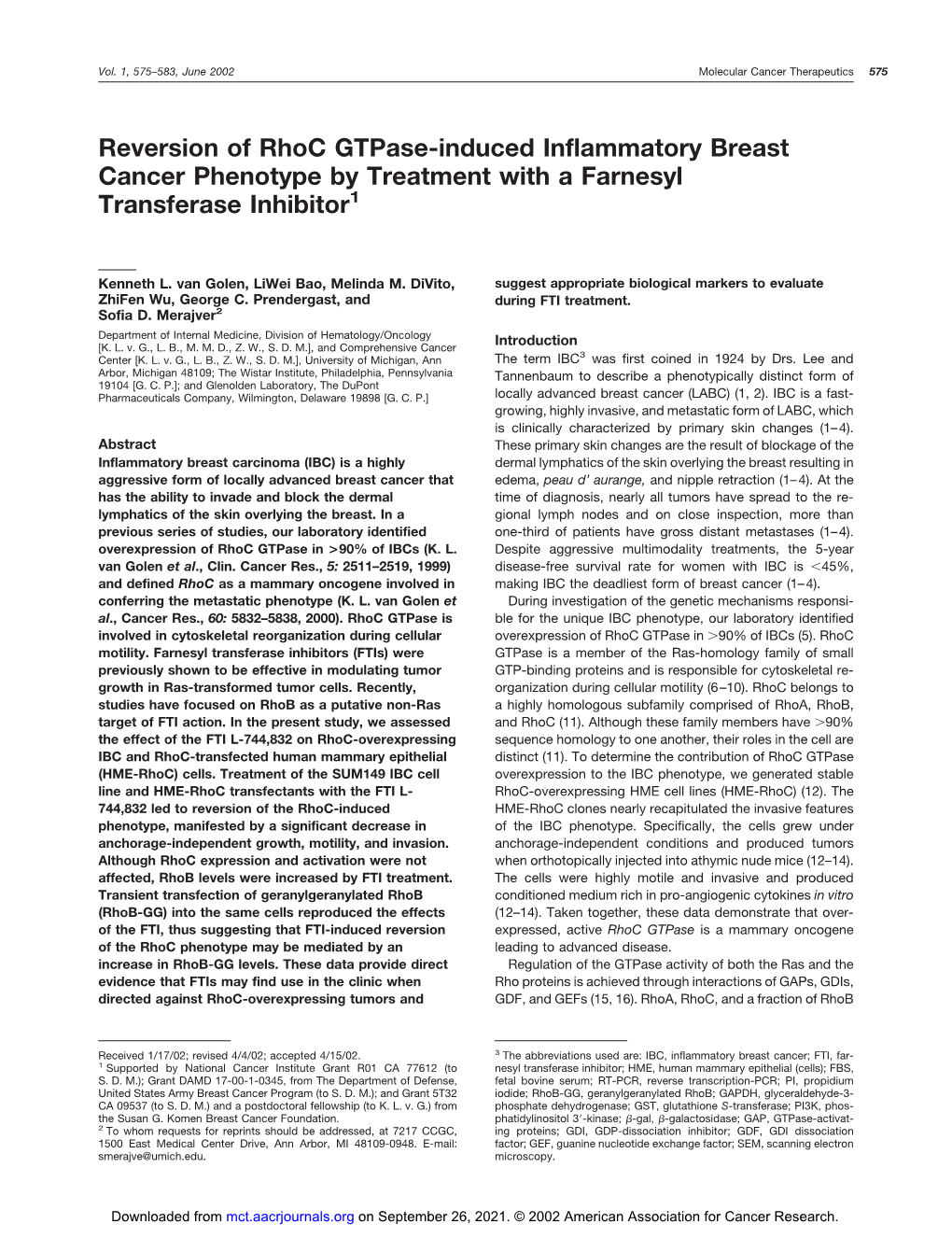 Reversion of Rhoc Gtpase-Induced Inflammatory Breast Cancer Phenotype by Treatment with a Farnesyl Transferase Inhibitor1