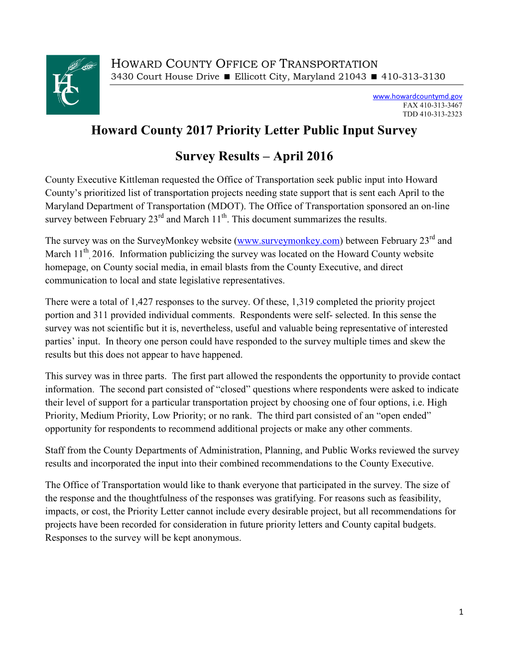 Howard County 2017 Priority Letter Public Input Survey Survey Results – April 2016