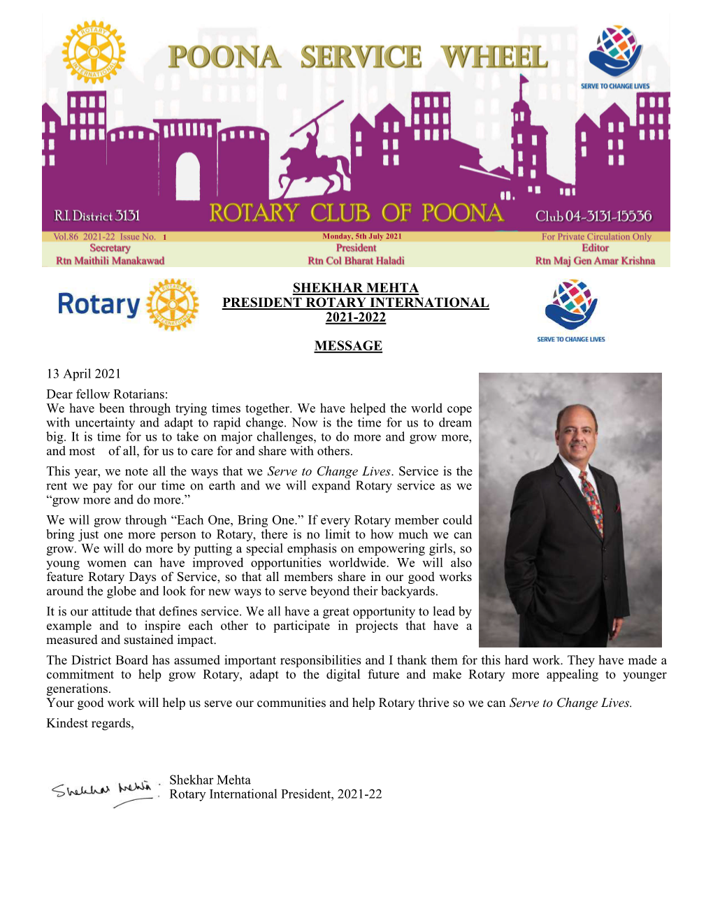 Message Shekhar Mehta President Rotary