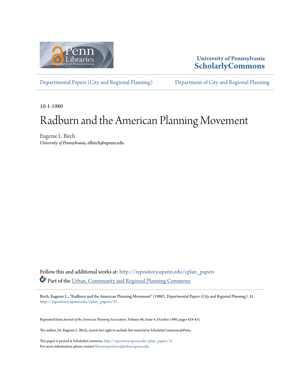 Radburn and the American Planning Movement Eugenie L