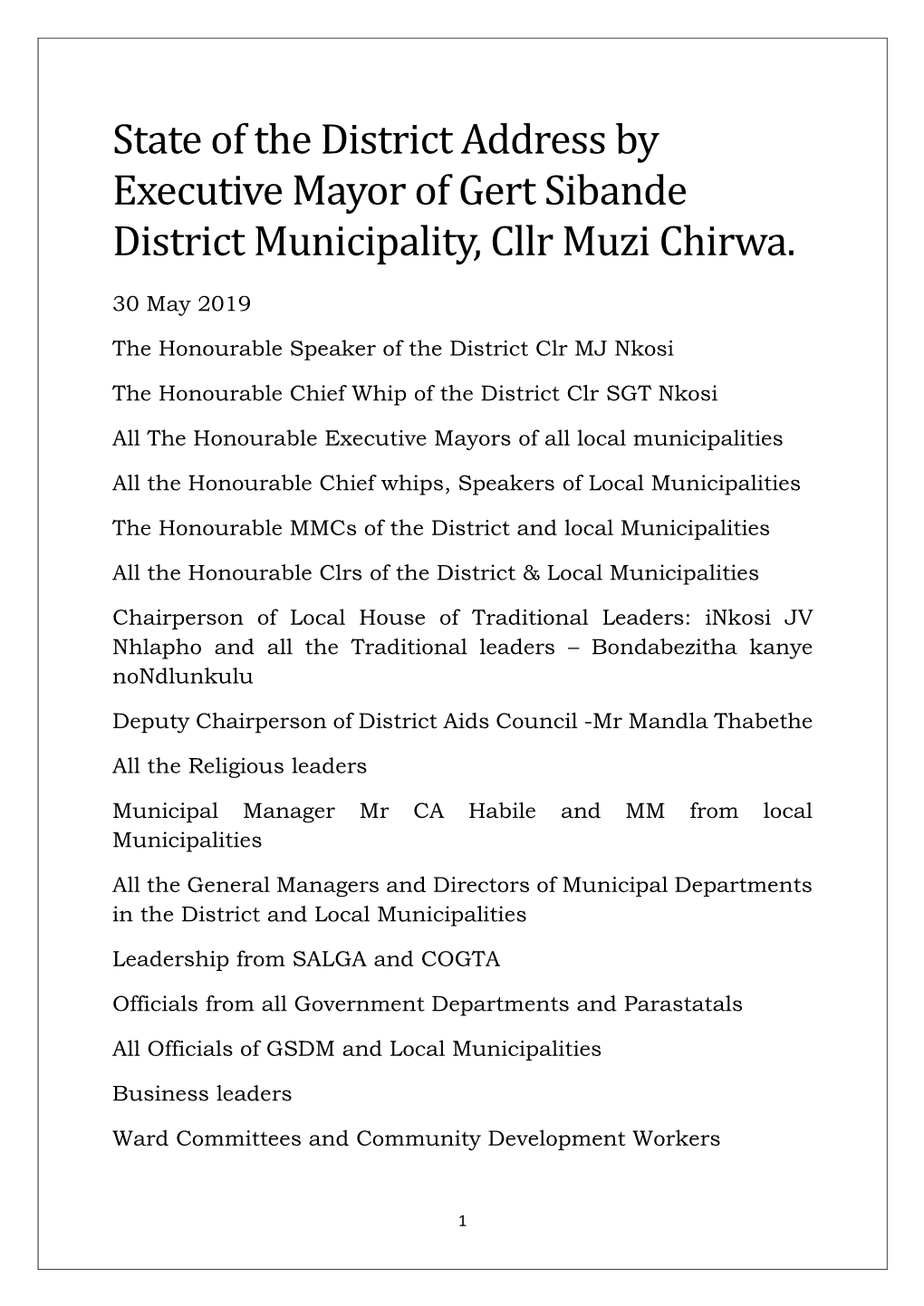 State of the District Address by Executive Mayor of Gert Sibande District Municipality, Cllr Muzi Chirwa