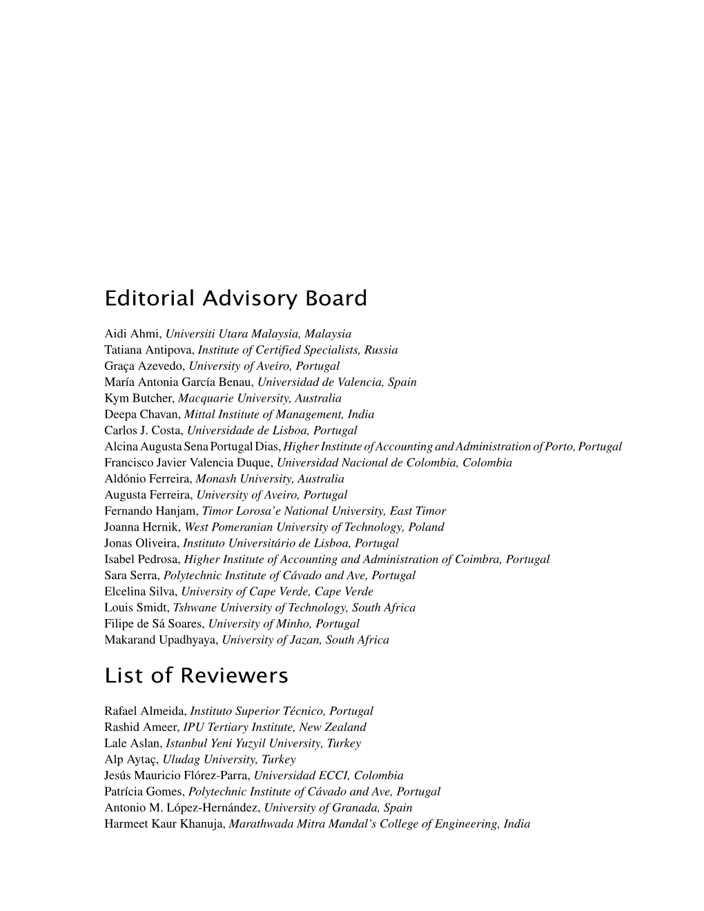 Editorial Advisory Board List of Reviewers