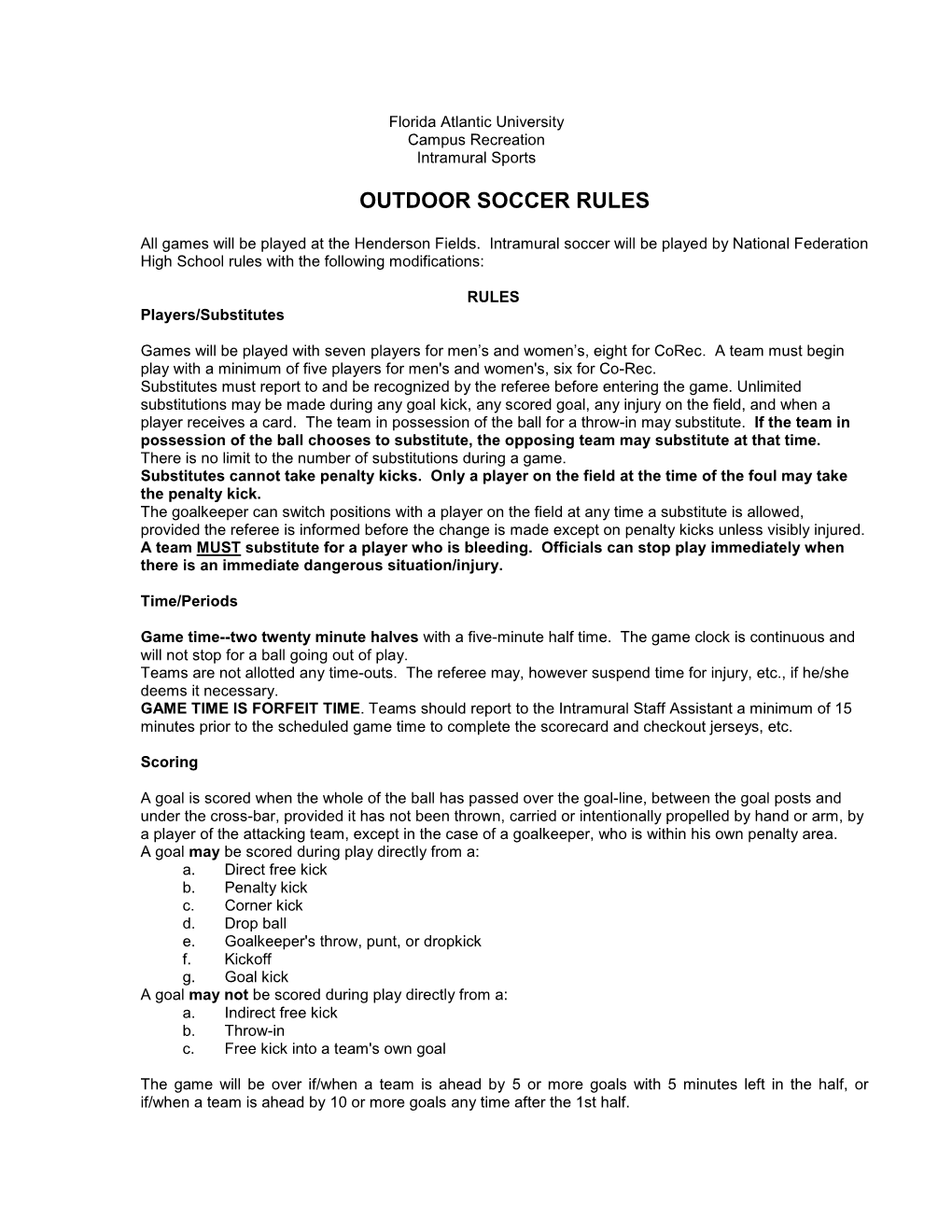 Outdoor Soccer Rules