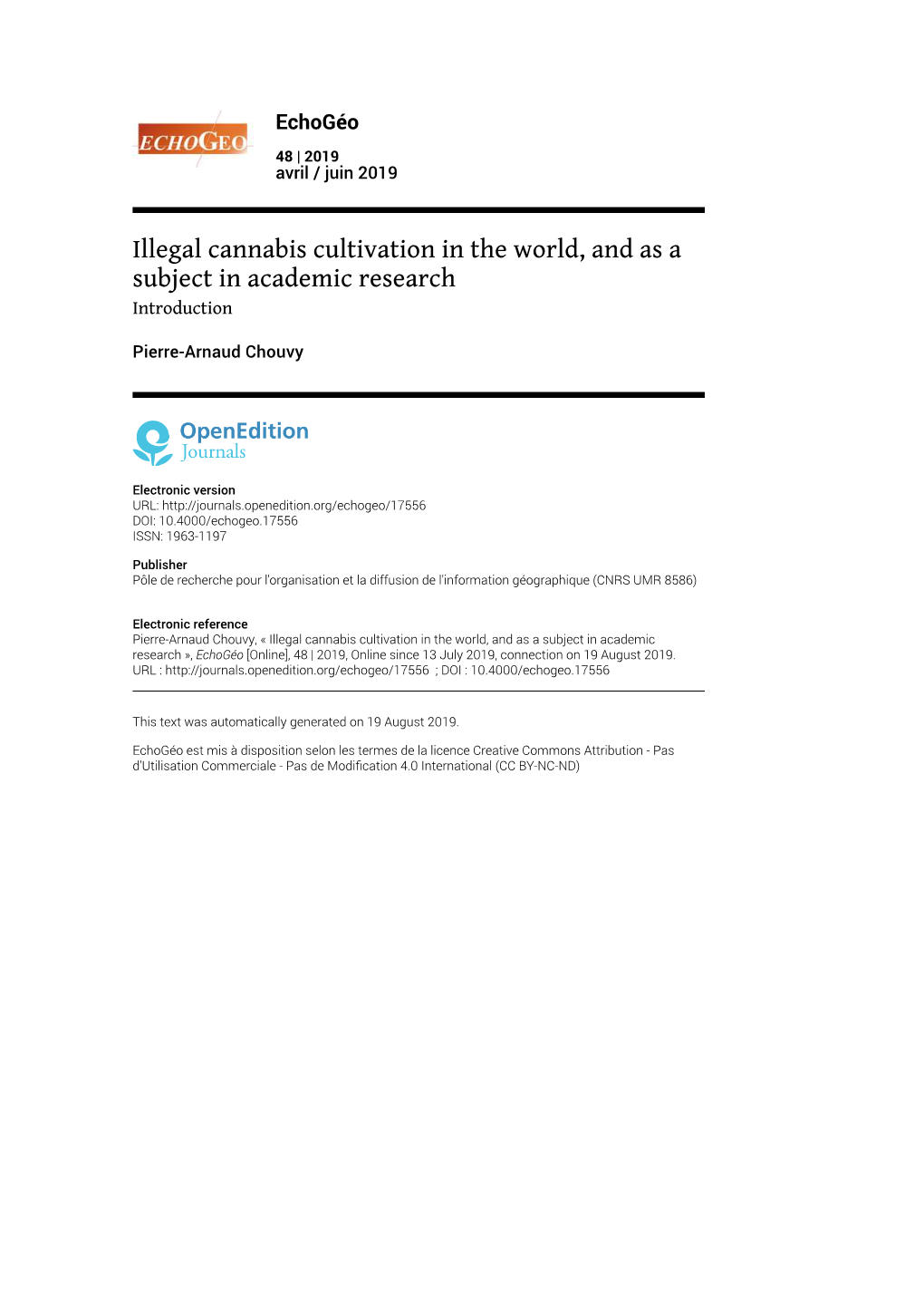 Echogéo, 48 | 2019 Illegal Cannabis Cultivation in the World, and As a Subject in Academic Research 2