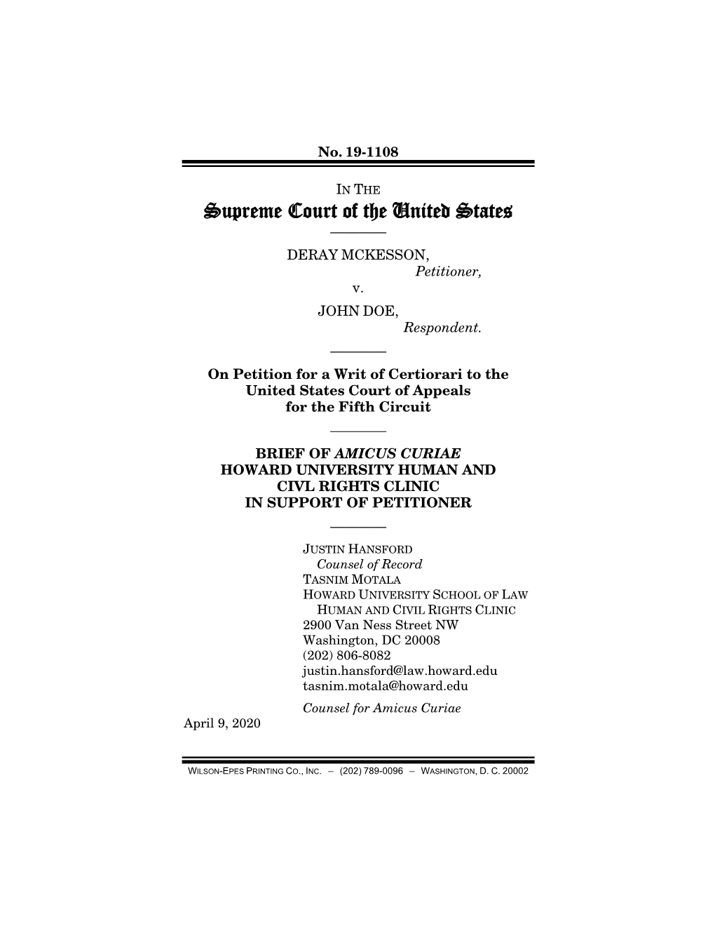 Brief Amicus Curiae of Howard University Human and Civil Rights