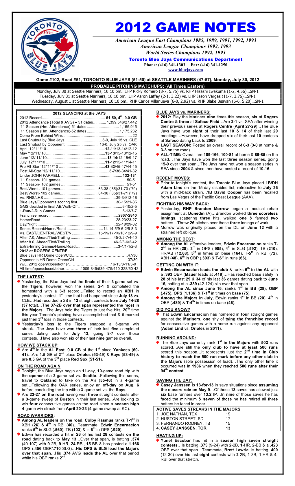 2012 Game Notes