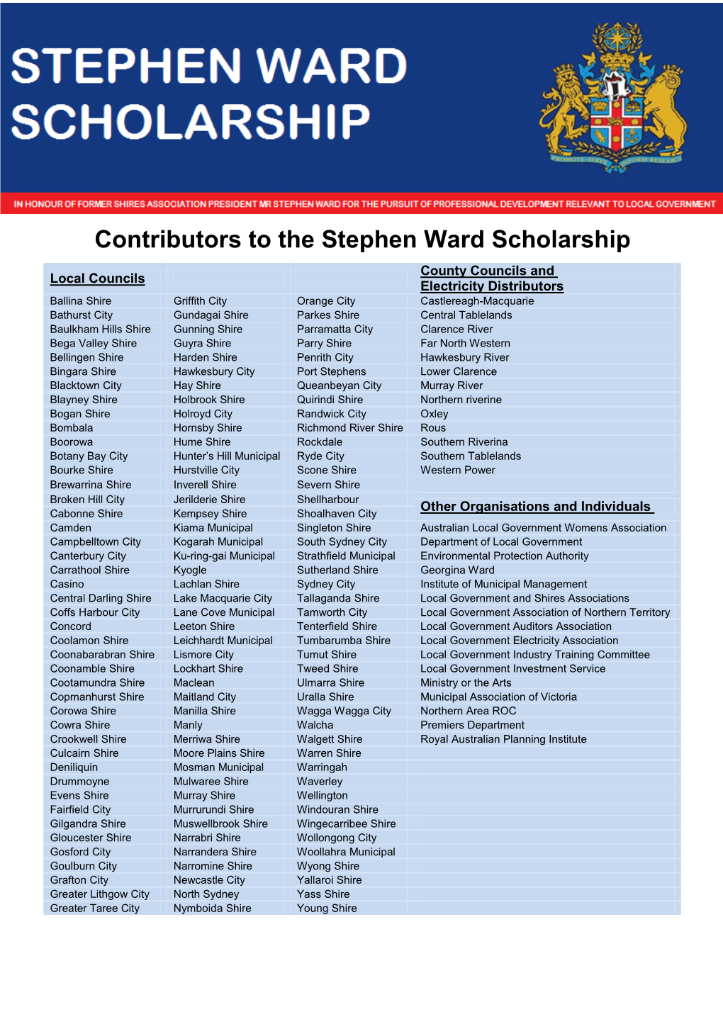 Contributors to the Stephen Ward Scholarship