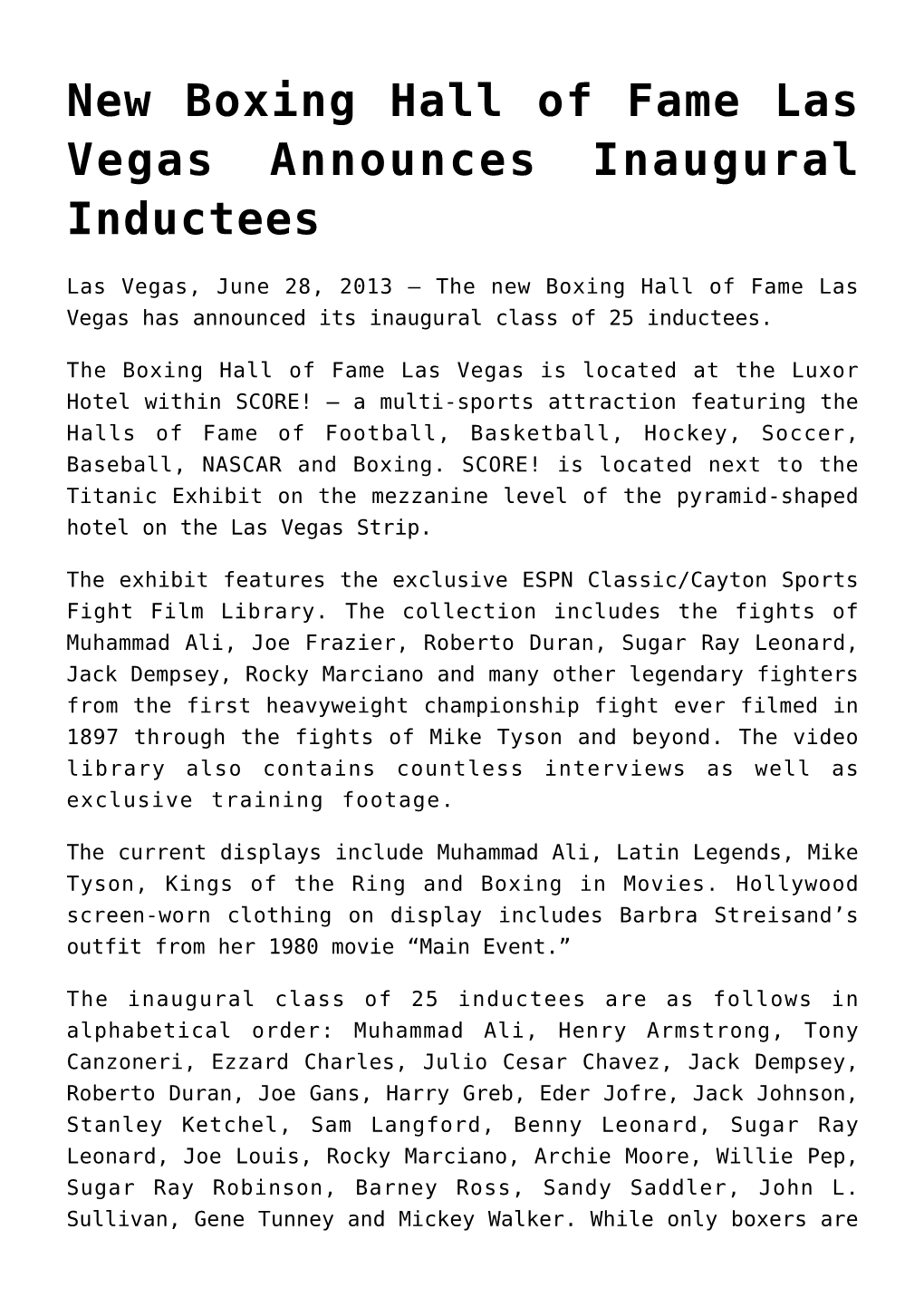 New Boxing Hall of Fame Las Vegas Announces Inaugural Inductees