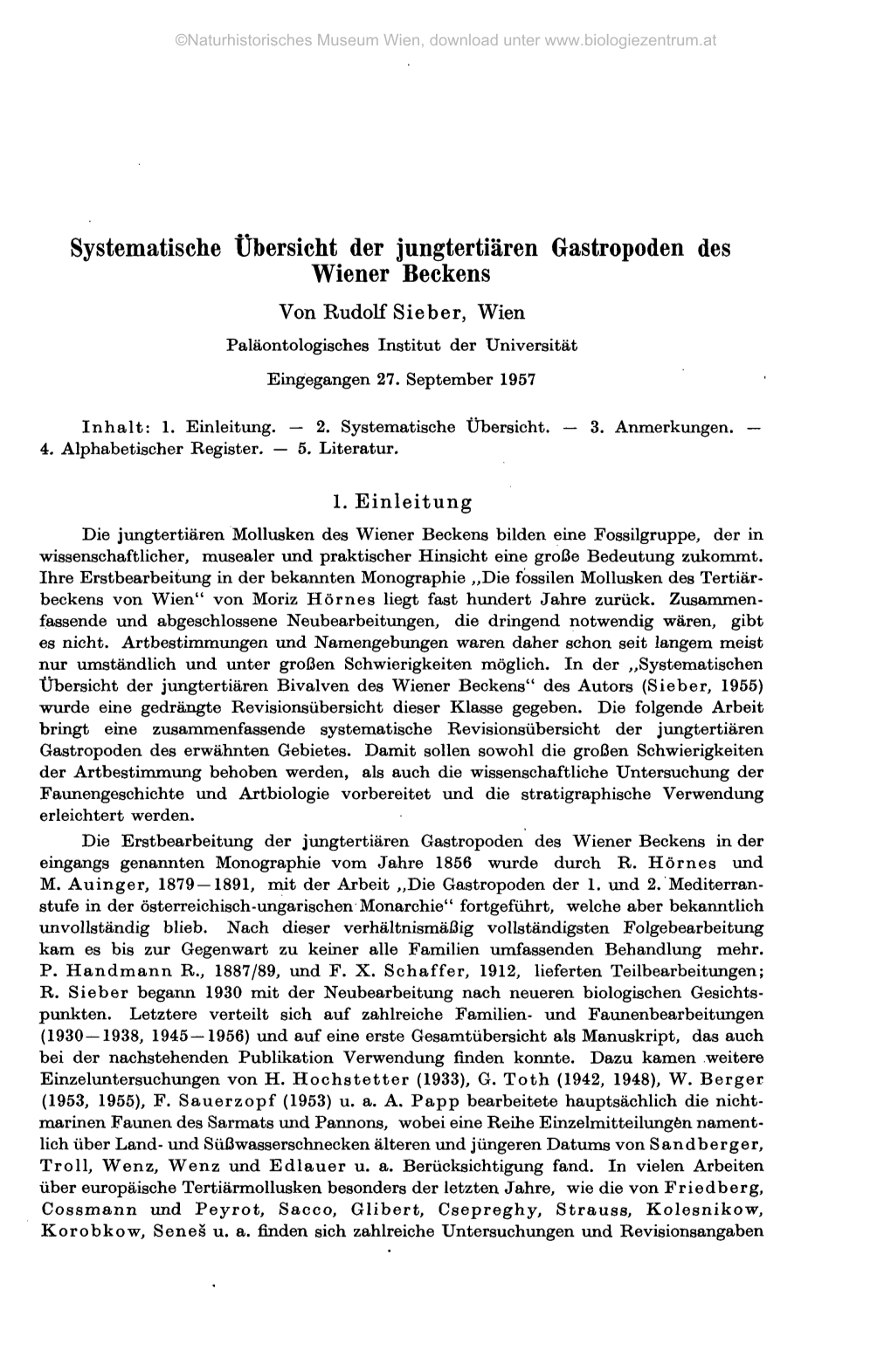 Systematische Übersicht Der Jungtertiären Gastropoden Des Wiener Beckens Von Rudolf Sie B Er, Wien Paläontologisches Institut Der Universität Eingegangen 27