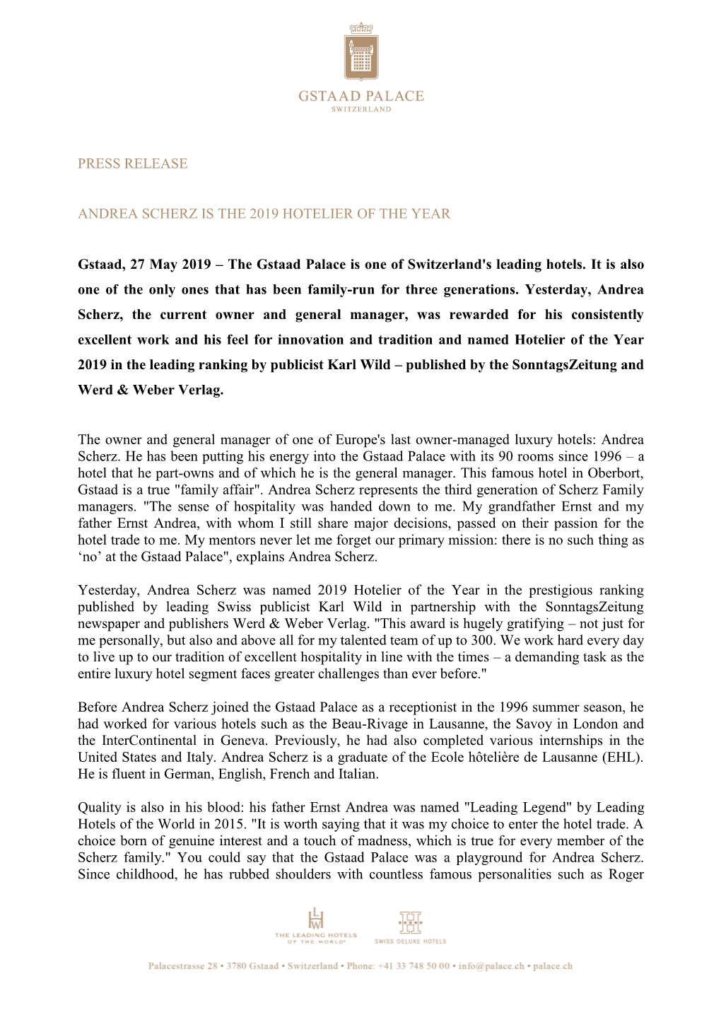 Press Release Andrea Scherz Is the 2019 Hotelier