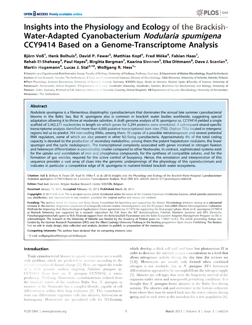 Nodularia Spumigena CCY9414 Based on a Genome-Transcriptome Analysis