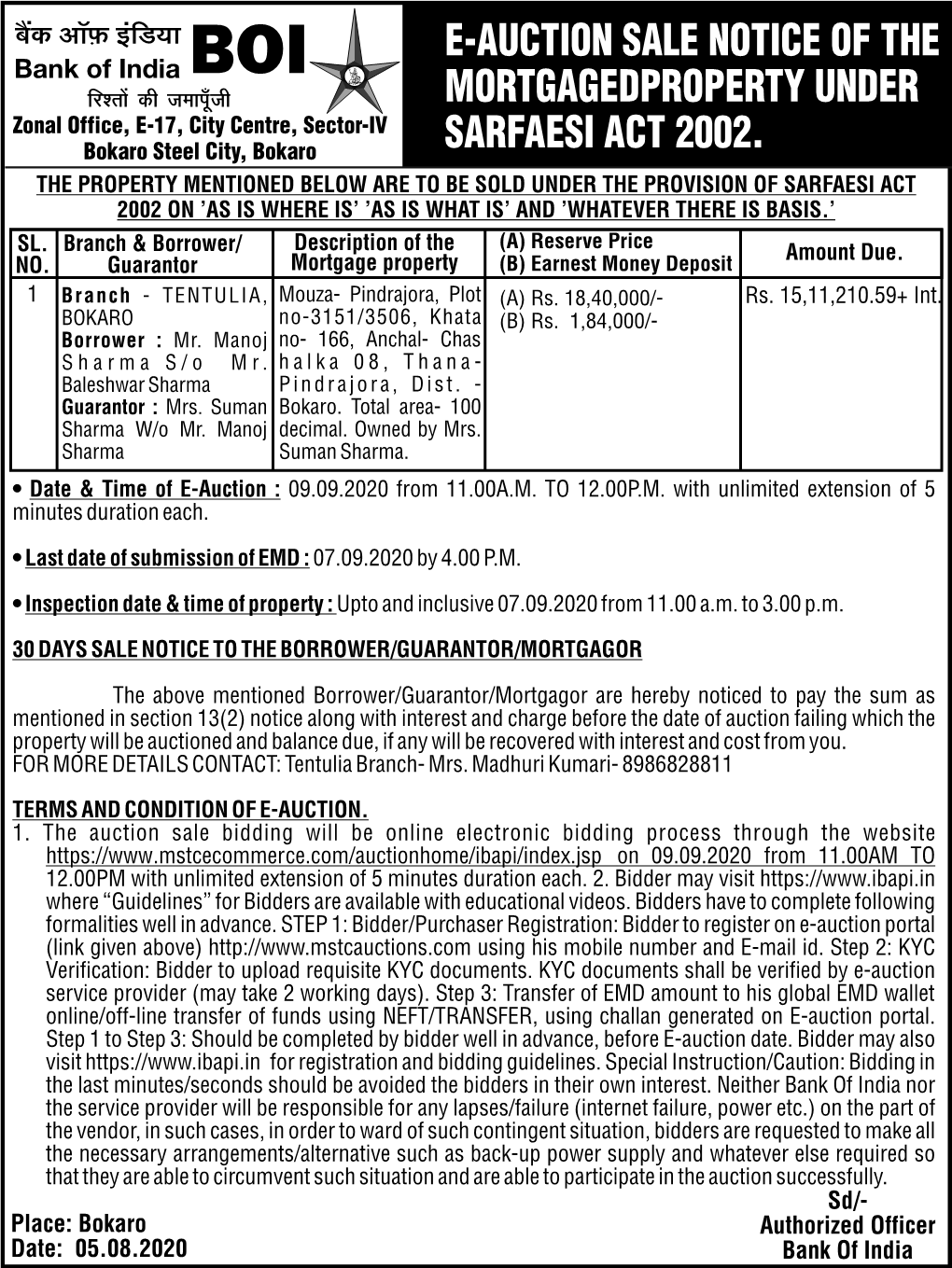 E-AUCTION SALE NOTICE of the MORTGAGEDPROPERTY UNDER Zonal Office, E-17, City Centre, Sector-IV SARFAESI ACT 2002