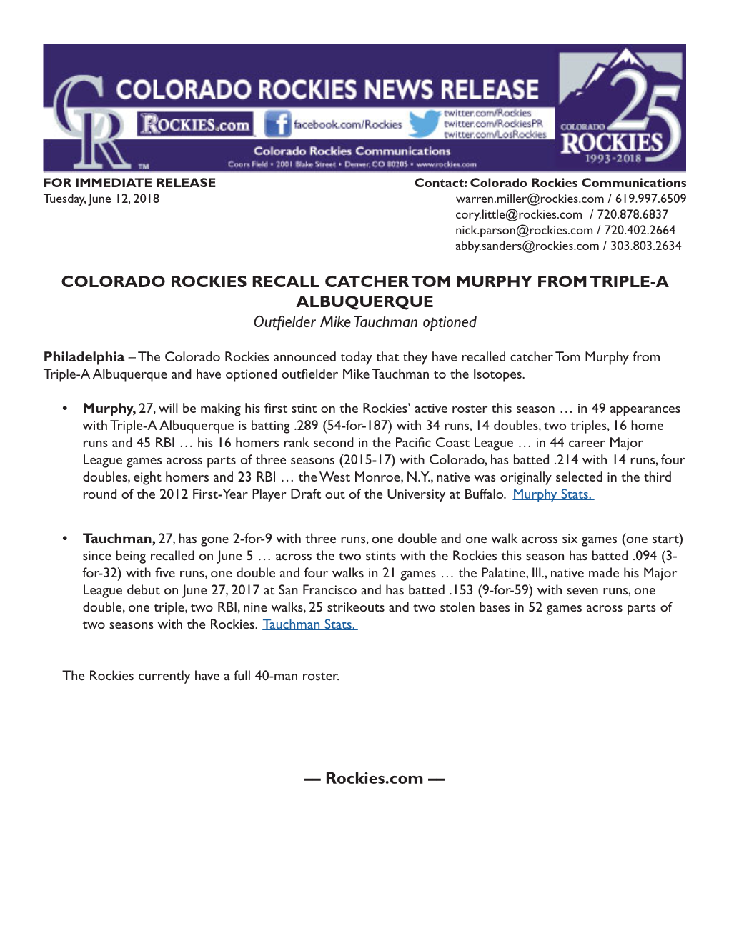 COLORADO ROCKIES RECALL CATCHER TOM MURPHY from TRIPLE-A ALBUQUERQUE Outfielder Mike Tauchman Optioned