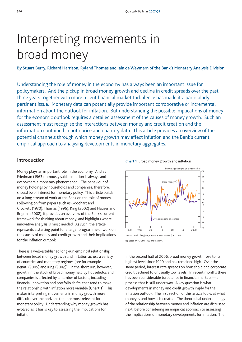 Interpreting Movements in Broad Money by Stuart Berry, Richard Harrison, Ryland Thomas and Iain De Weymarn of the Bank’S Monetary Analysis Division