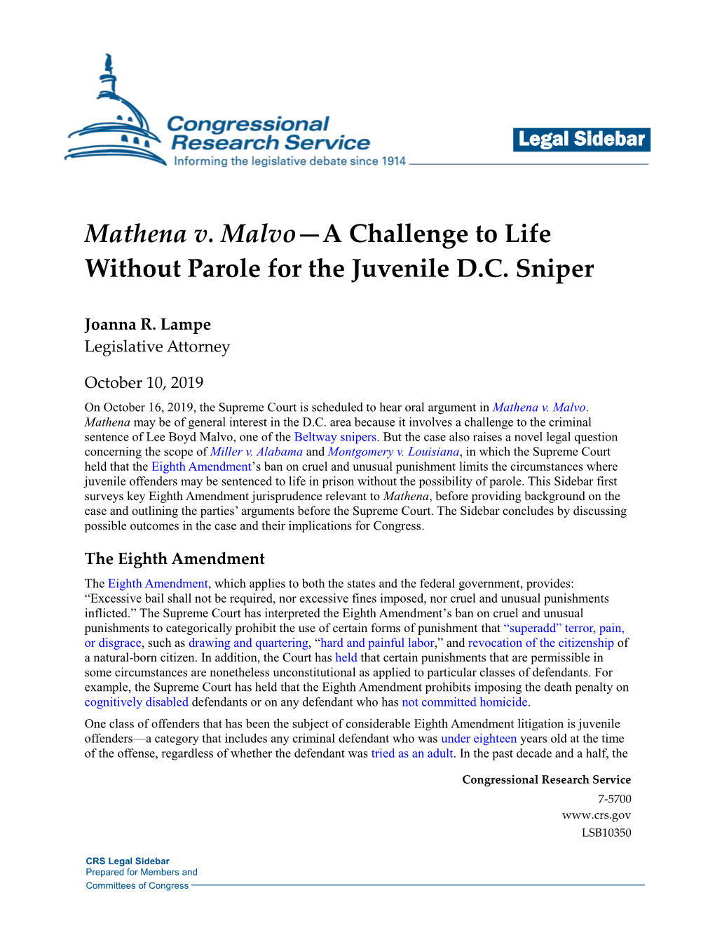Mathena V. Malvo—A Challenge to Life Without Parole for the Juvenile D.C