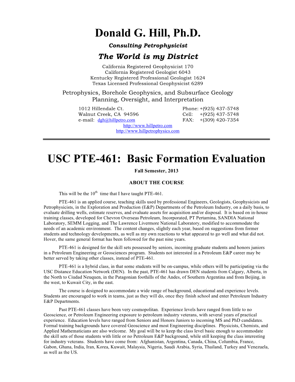 Basic Formation Evaluation Fall Semester, 2013