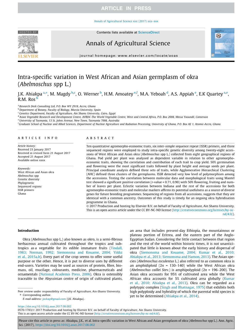 Intra-Specific Variation in West African and Asian Germplasm of Okra