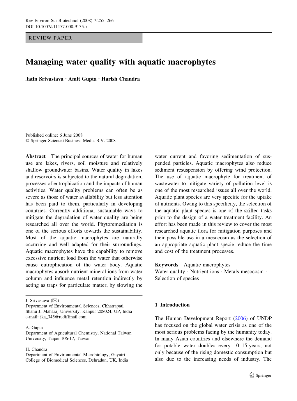 Managing Water Quality with Aquatic Macrophytes