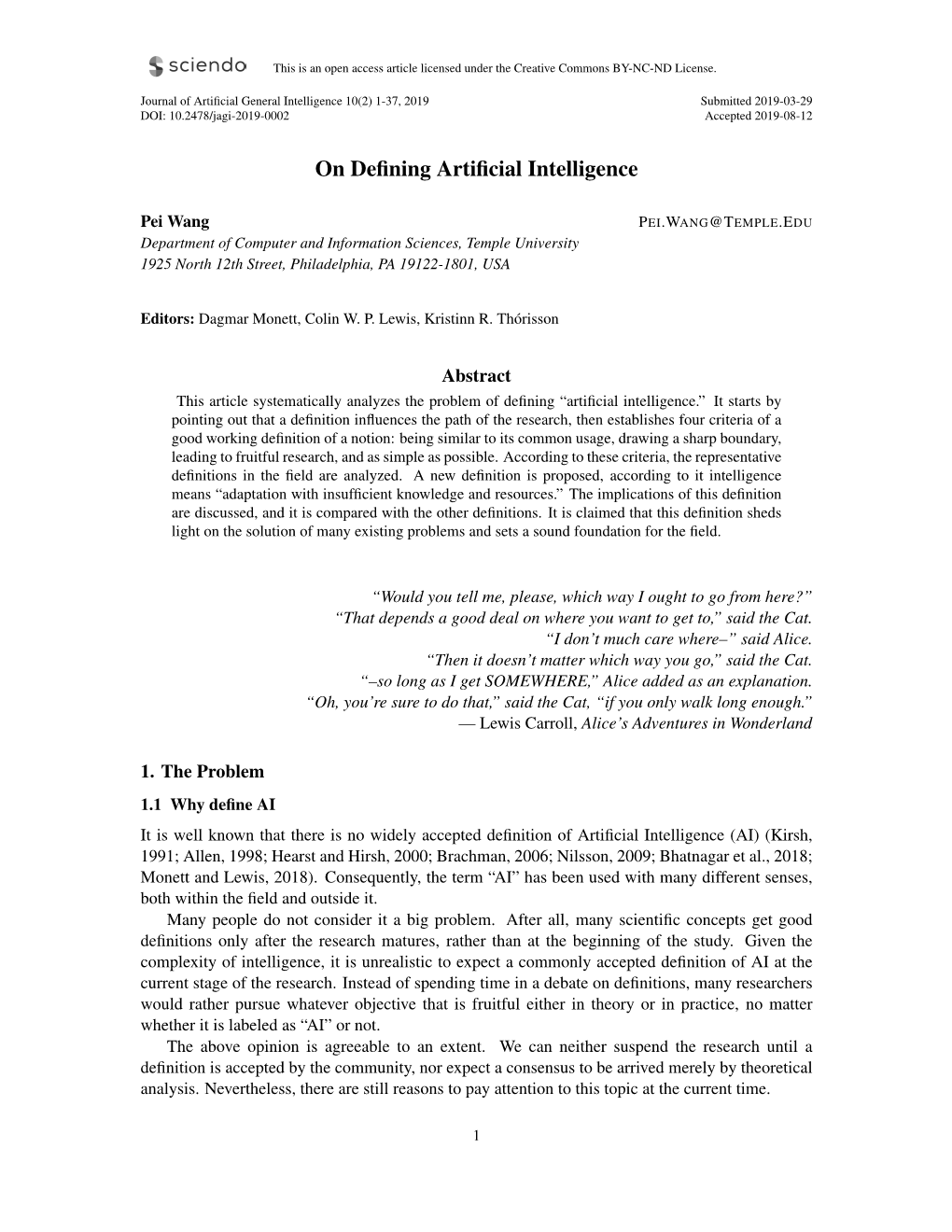 On Defining Artificial Intelligence