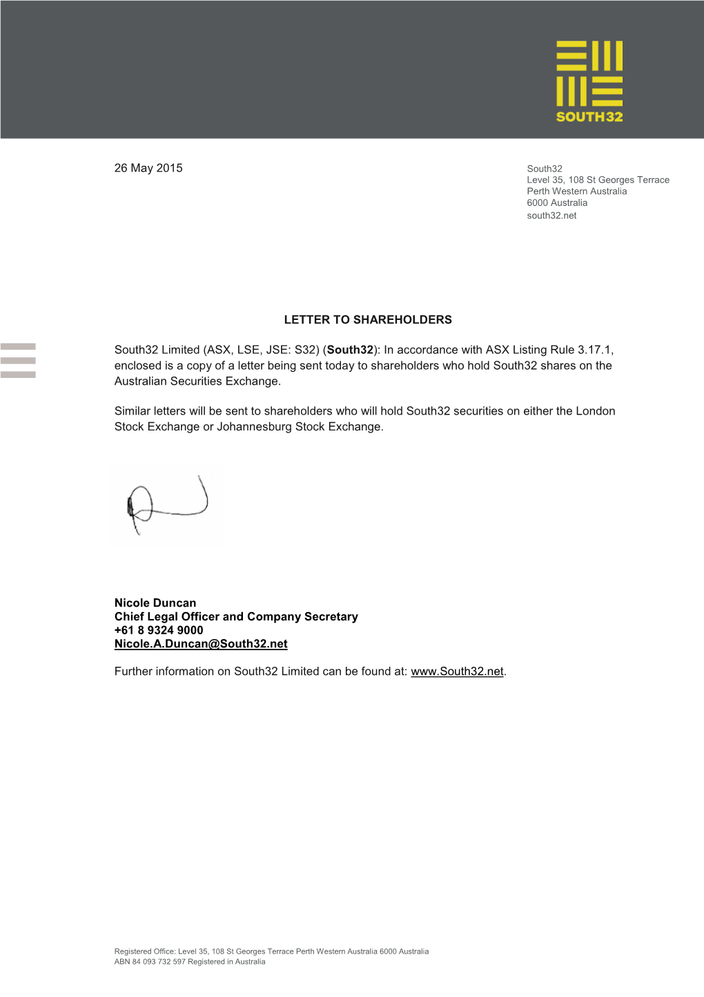 LETTER to SHAREHOLDERS South32 Limited (ASX, LSE, JSE