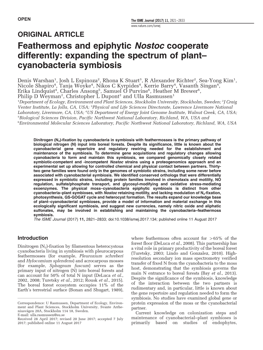 Feathermoss and Epiphytic Nostoc Cooperate Differently: Expanding the Spectrum of Plant– Cyanobacteria Symbiosis