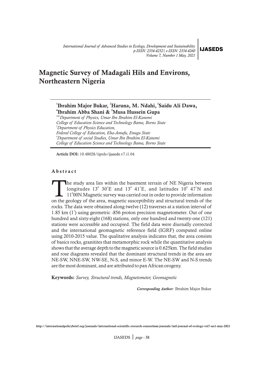 Magnetic Survey of Madagali Hils and Environs, Northeastern Nigeria