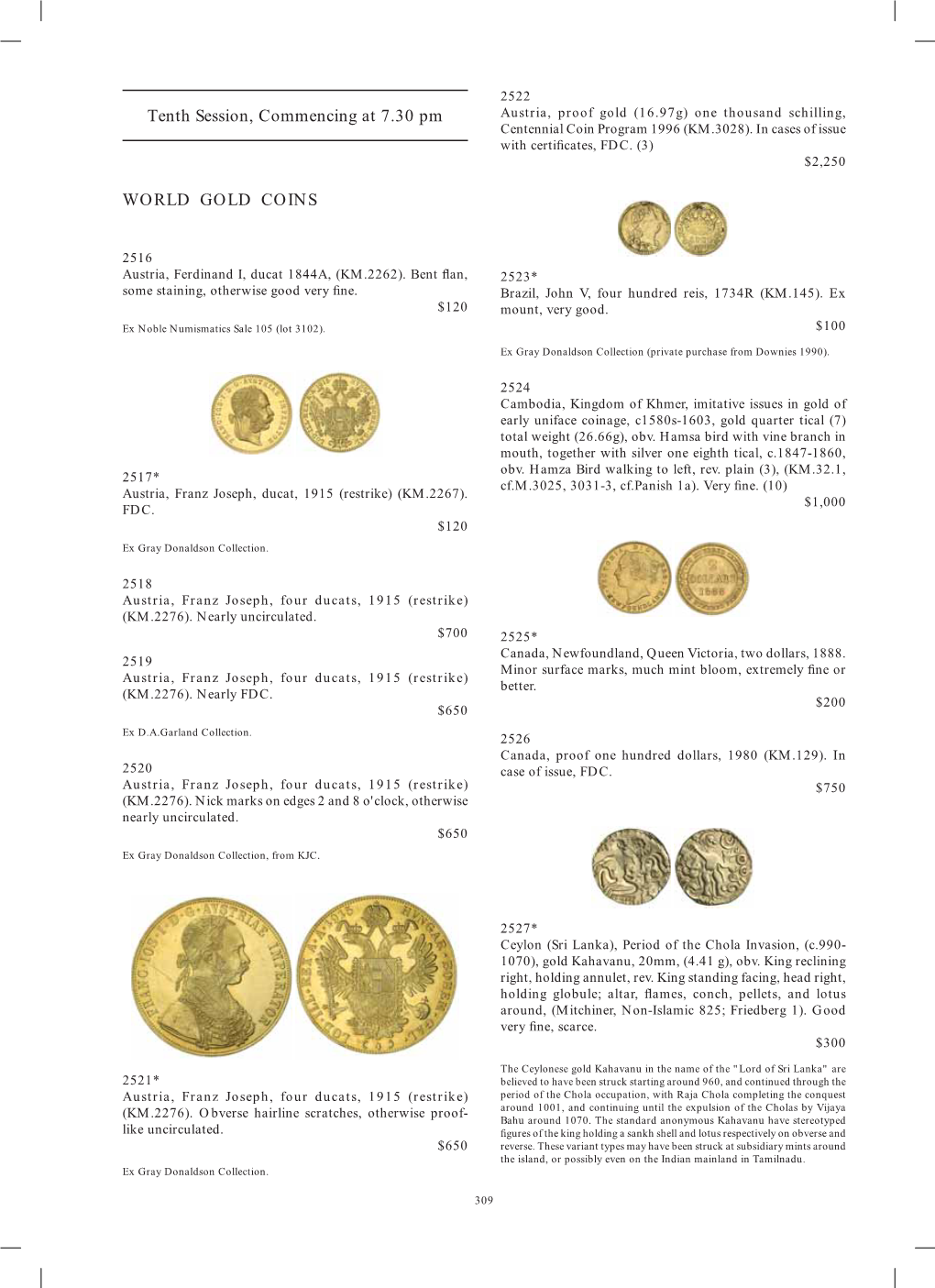 Tenth Session, Commencing at 7.30 Pm WORLD GOLD COINS