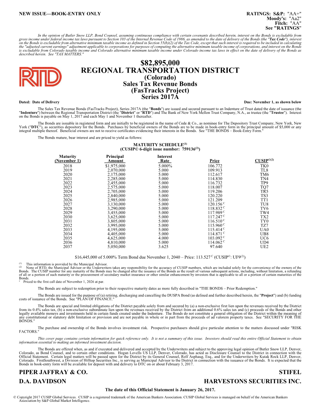 Series 2017A Sales Tax Revenue Revenue Bonds Official Statement