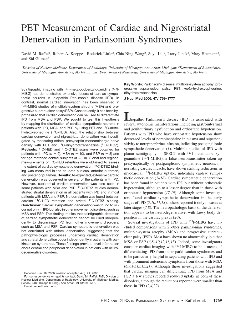 PET Measurement of Cardiac and Nigrostriatal Denervation in Parkinsonian Syndromes