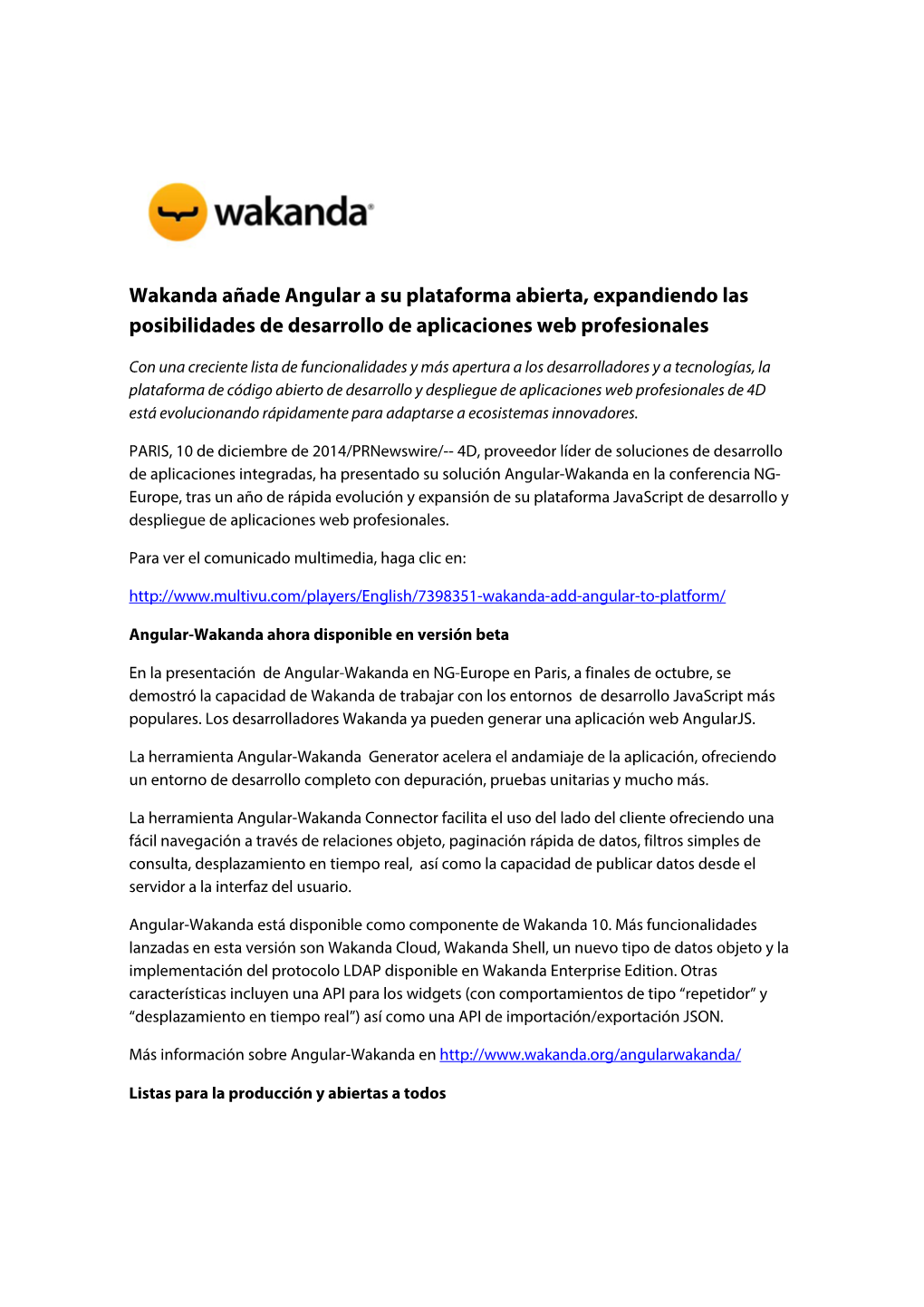 Wakanda Añade Angular a Su Plataforma Abierta, Expandiendo Las Posibilidades De Desarrollo De Aplicaciones Web Profesionales