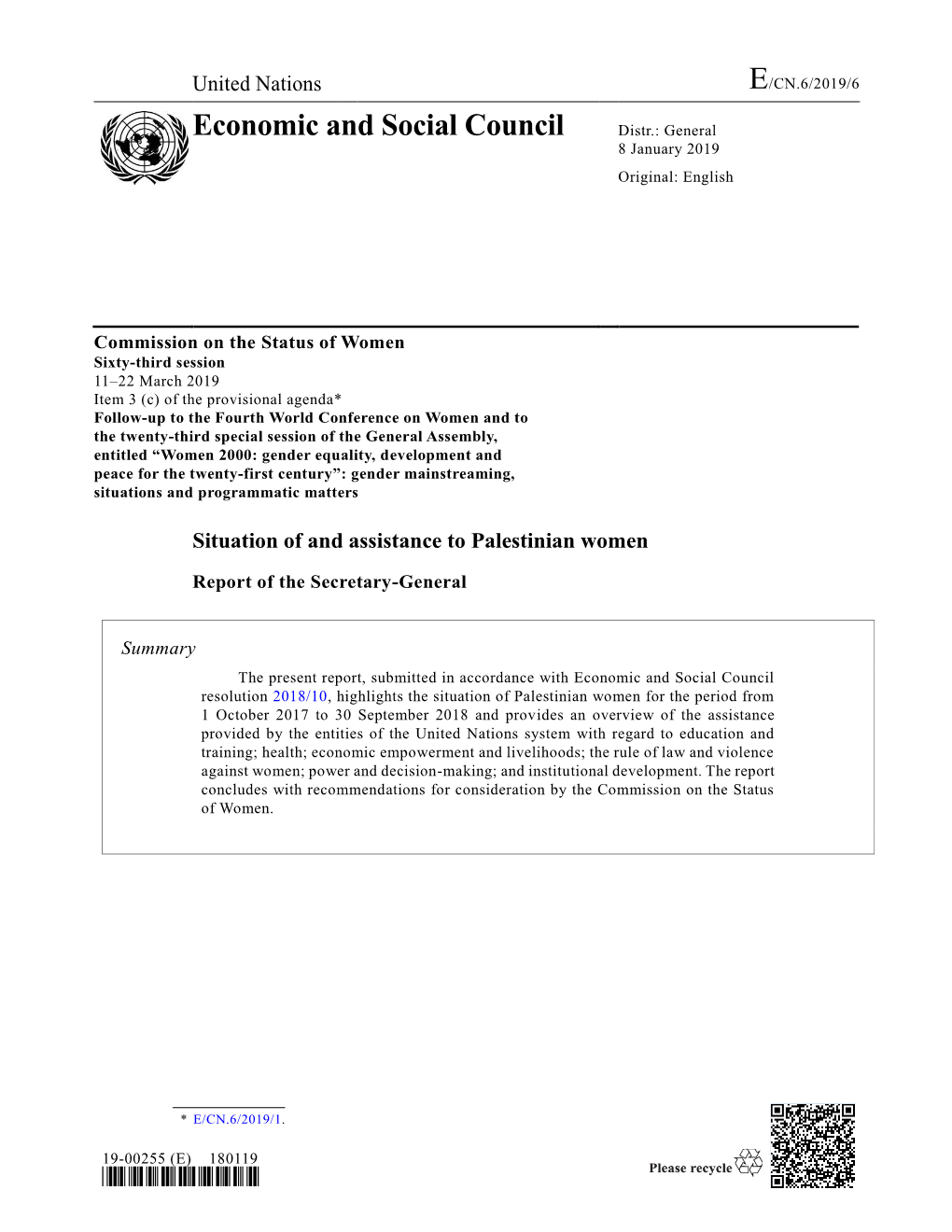 Economic and Social Council Distr.: General 8 January 2019