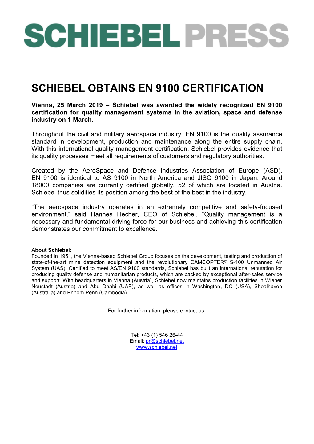 Schiebel Obtains En 9100 Certification