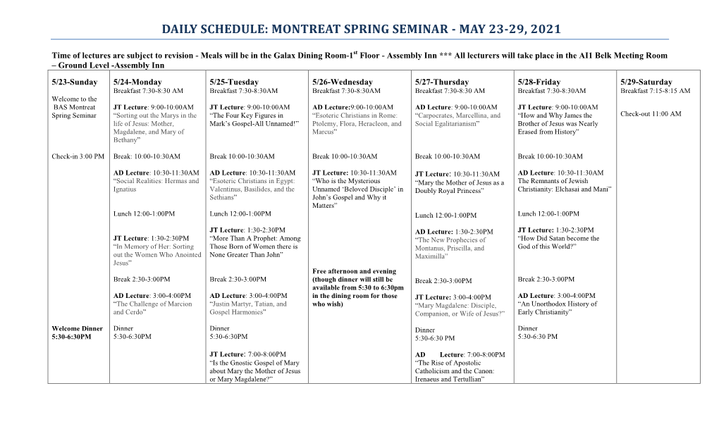 Montreat Spring Seminar - May 23-29, 2021