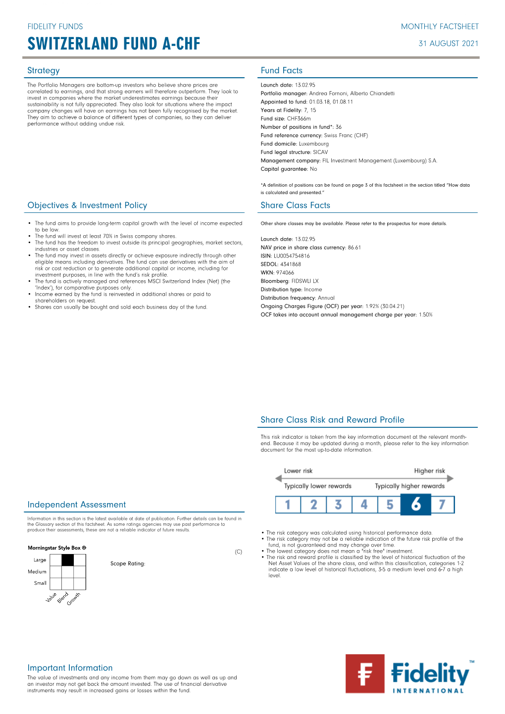 Switzerland Fund A-CHF FIDELITY FUNDS MONTHLY FACTSHEET SWITZERLAND FUND A-CHF 31 AUGUST 2021