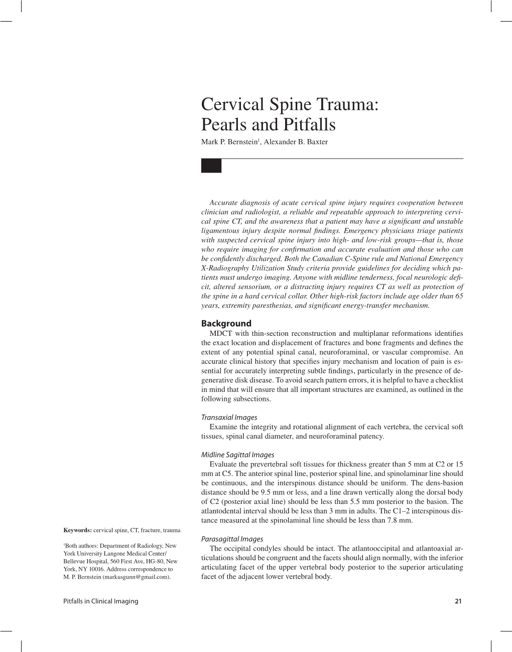 Cervical Spine Trauma: Pearls and Pitfalls Mark P