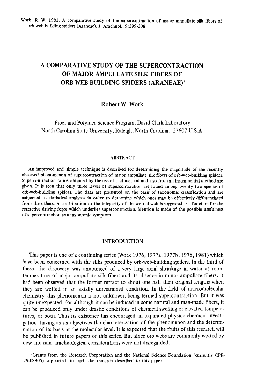 A Comparative Study of the Supercontraction of Major Ampullate Silk Fibers of Orb-Web-Building Spiders (Araneae)