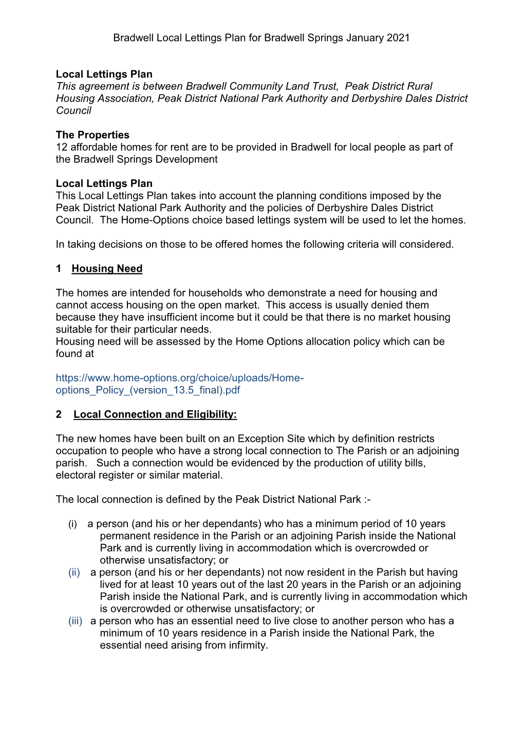 Draft Local Lettings Plan, Peak District Rural HA, Tansley