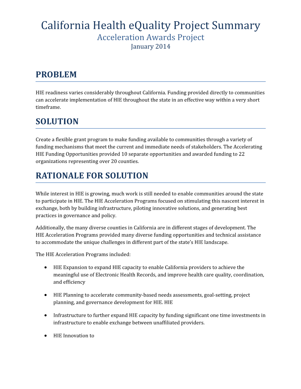 California Health Equality Project Summary