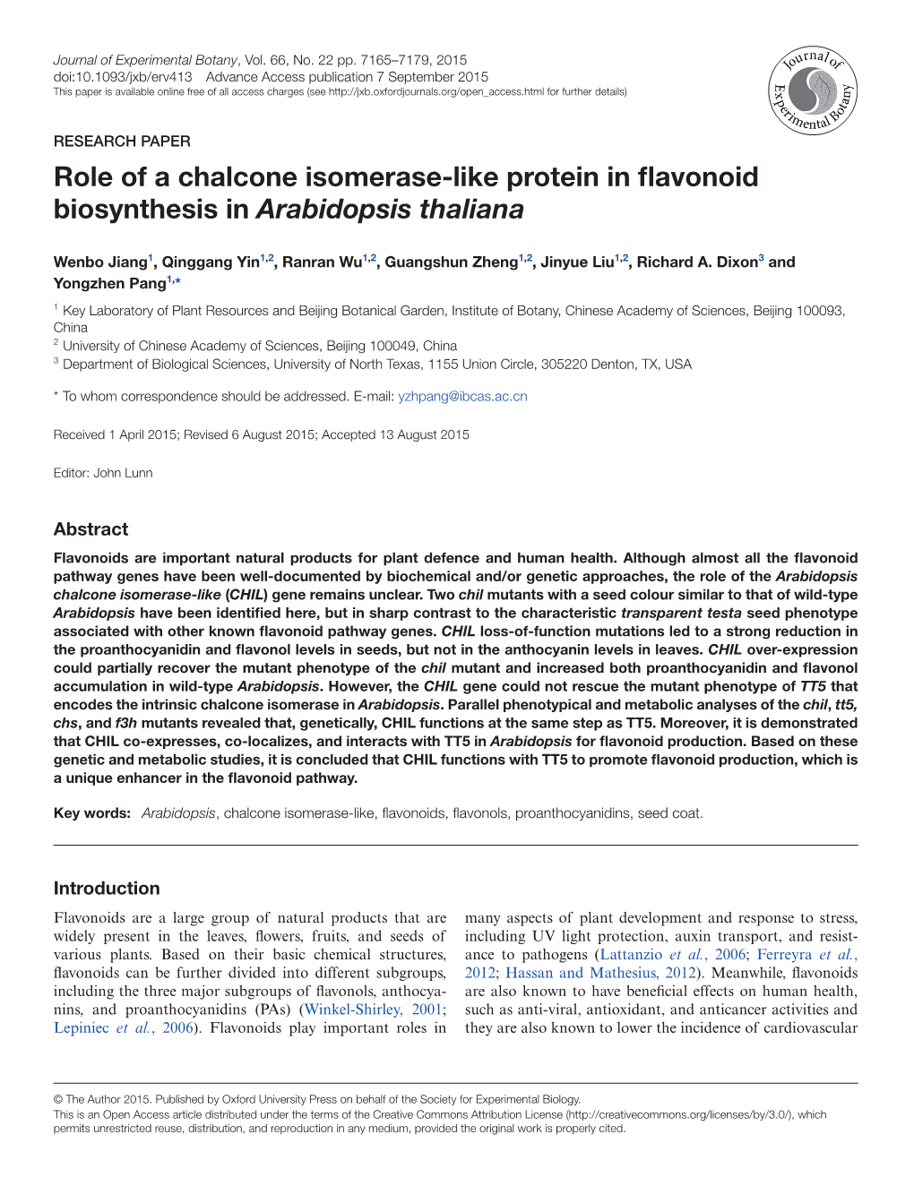 Role of a Chalcone Isomerase-Like Protein in Flavonoid Biosynthesis in Arabidopsis Thaliana
