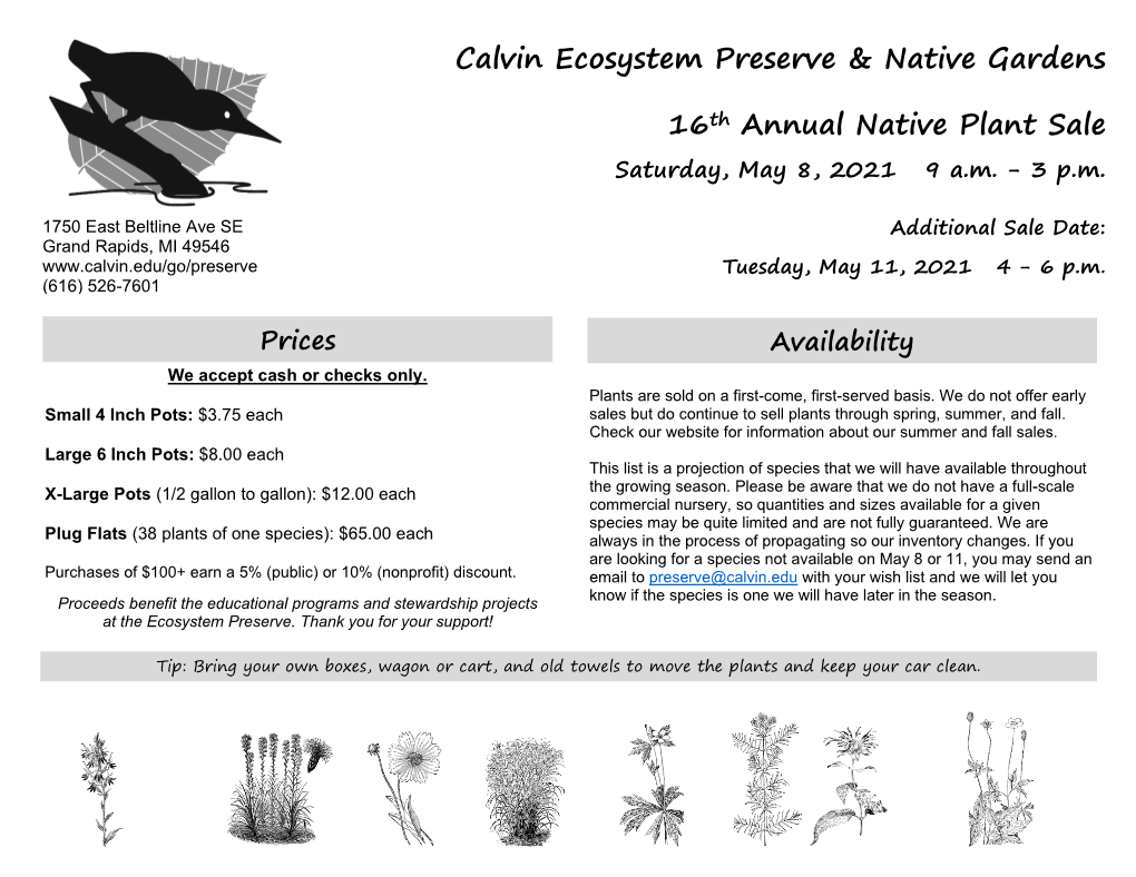 Calvin Ecosystem Preserve & Native Gardens 16Th Annual Native Plant